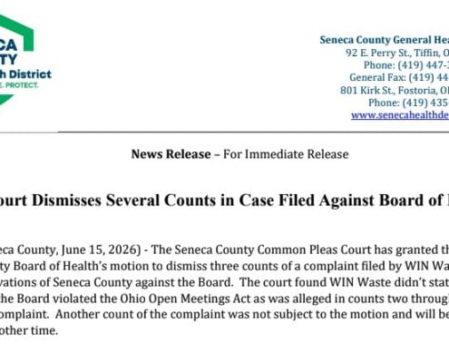 Fostoria News Seneca County Board of Health case dismissal news release.